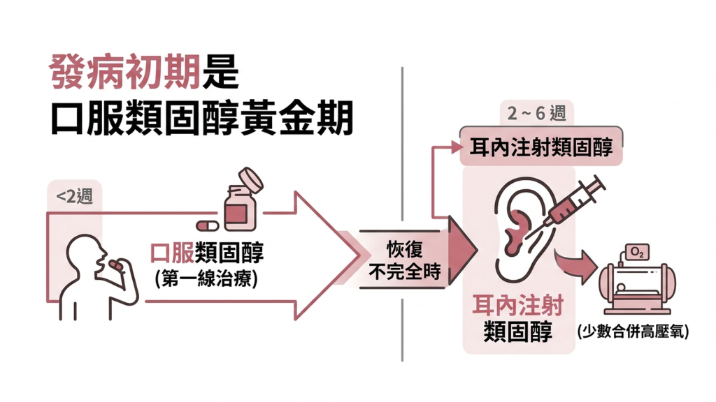 時間軸前段標示發病 2 週內口服類固醇,後段標示 2 到 6 週耳內注射類固醇與高壓氧