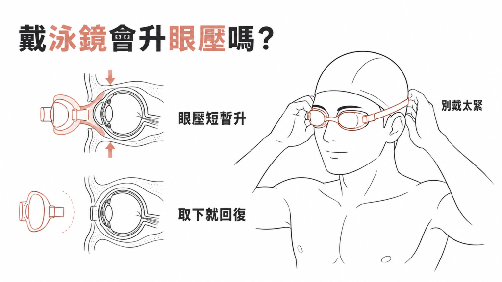 戴泳鏡時眼壓短暫上升、取下泳鏡後回復的示意圖,提醒泳鏡不要戴太緊