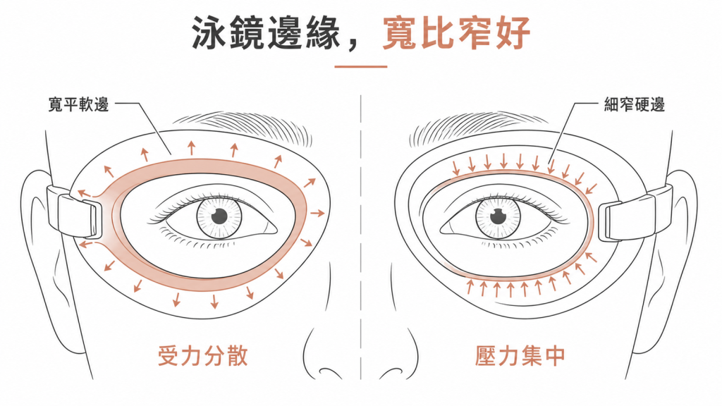 寬平軟邊泳鏡受力分散、細窄硬邊泳鏡壓力集中在眼眶骨緣的左右對照示意圖