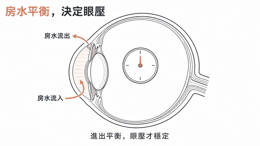 房水流入與流出維持平衡,眼壓才穩定的眼球剖面示意圖