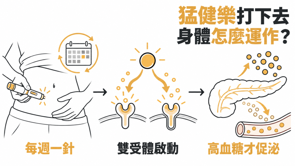 猛健樂(tirzepatide)作用路徑總覽:一把鑰匙開 GIP 與 GLP-1 兩道門,一週一針,血糖高才催胰島素,並讓胃變慢、大腦變飽