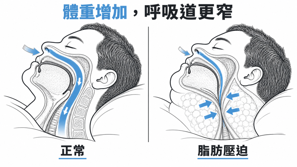 頸部脂肪負擔可能在睡眠時壓窄呼吸道