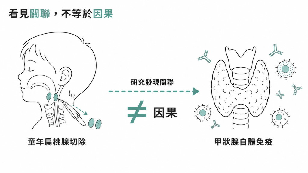研究發現童年扁桃腺切除與後來甲狀腺自體免疫疾病有關聯，但關聯不等於因果