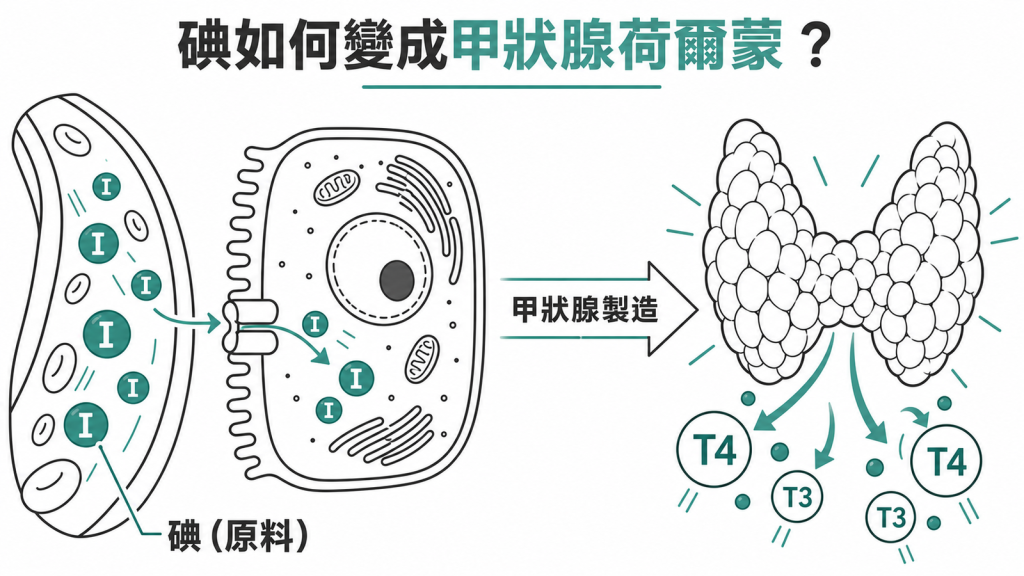 甲狀腺把血液中的碘做成甲狀腺荷爾蒙 T4 與 T3