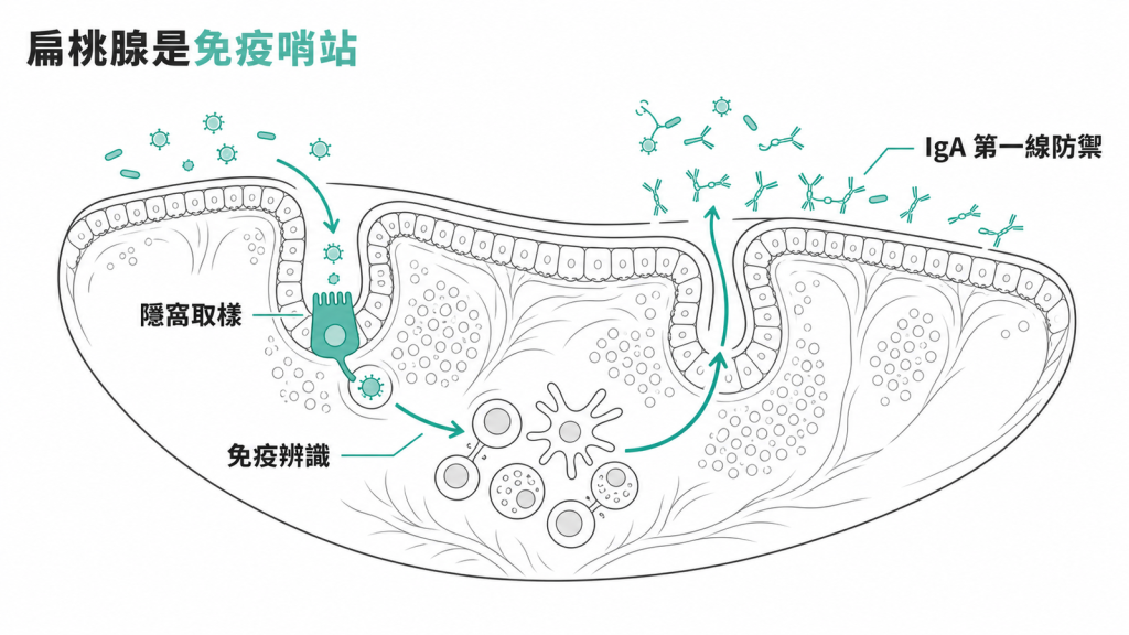 扁桃腺的免疫工作流程：隱窩取樣抗原、免疫辨識，再產生分泌型 IgA 當第一線防禦