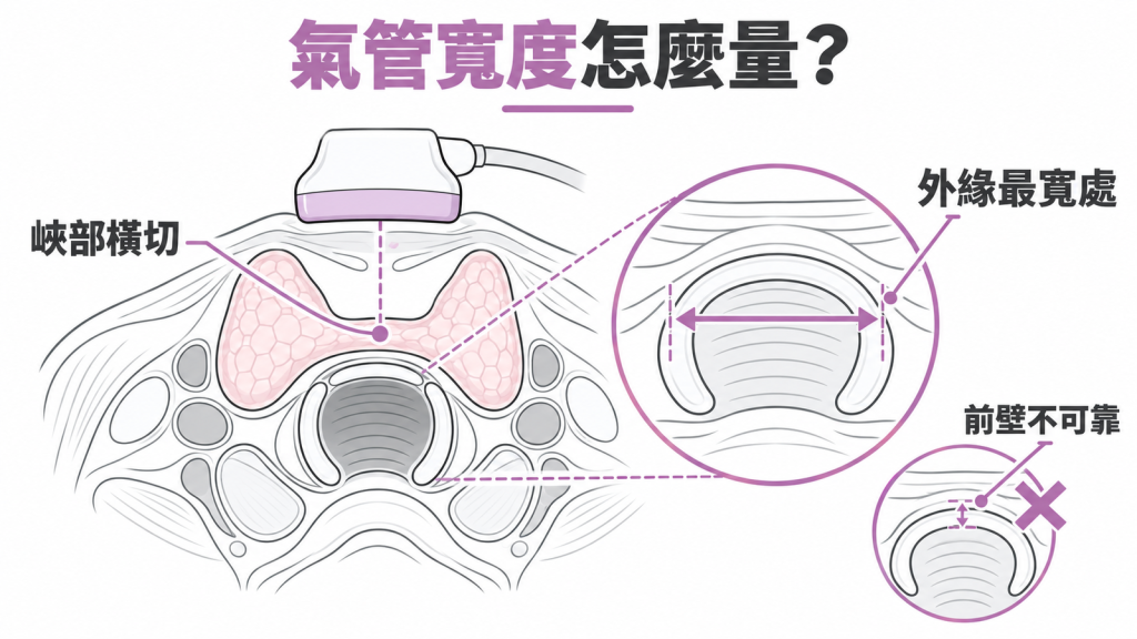 氣管超音波量寬度的衛教封面:在甲狀腺峽部橫切面量軟骨外緣的外徑最準,前壁厚度不可靠、不宜單獨依賴