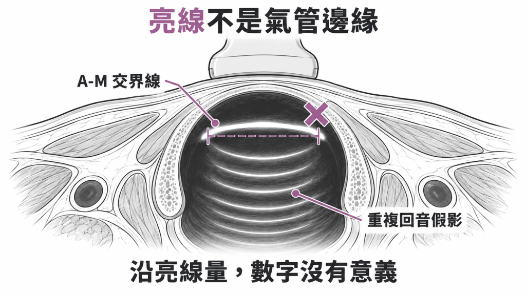 超音波氣管橫切面示意圖,標出A-M亮線兩端比軟骨外緣窄,後方等距亮線為重複回音假影