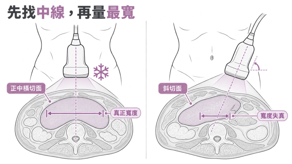 氣管超音波操作流程圖:確認中線、檢查異常血管、微調探頭角度、凍結最寬的橫切面