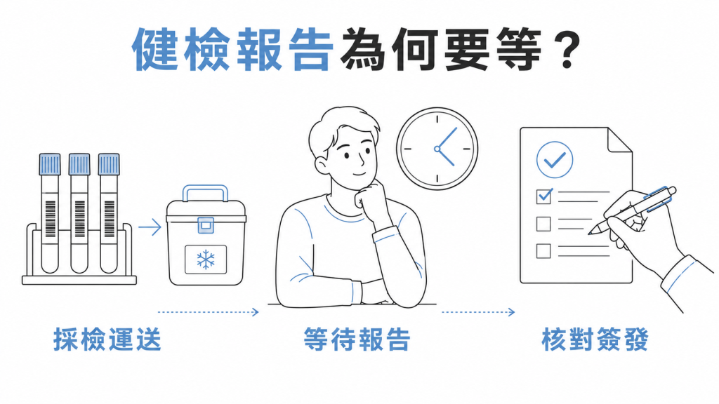 健檢報告等待流程資訊圖：採檢運送、等待報告、核對簽發三個階段