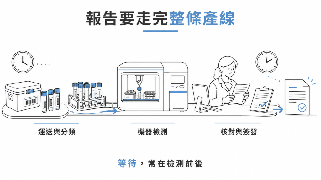 檢驗報告產線示意圖：運送與分類、機器檢測、核對與簽發，等待多發生在檢測前後