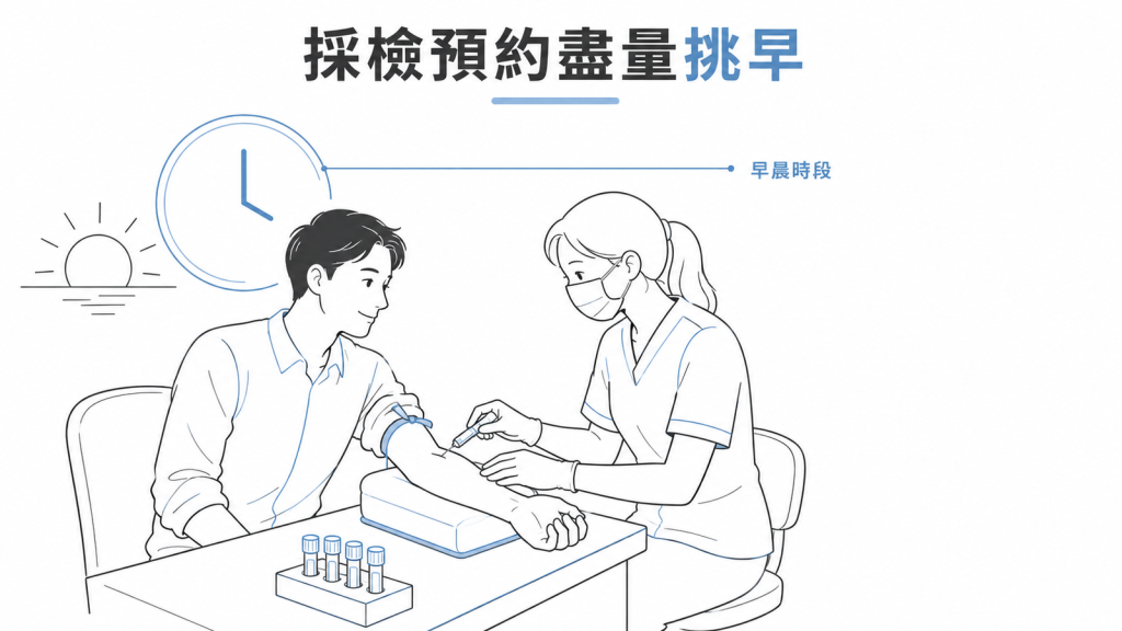 抽血採檢示意圖：預約盡量挑早晨時段，檢體週轉時間較短、尖峰時段錯誤也較少