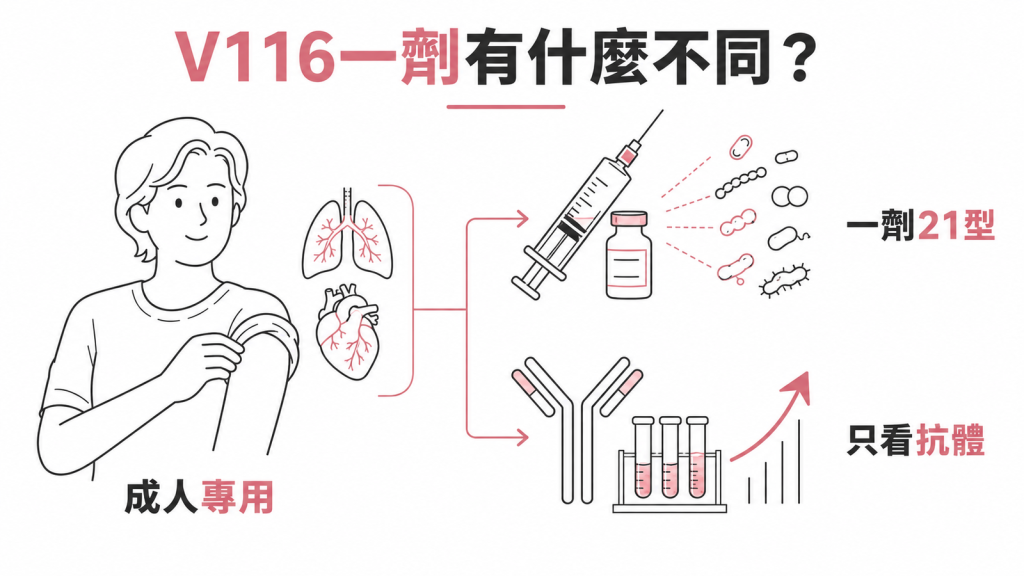 V116 肺炎鏈球菌疫苗示意圖：成人專用、一劑涵蓋 21 種血清型，研究量的是抗體
