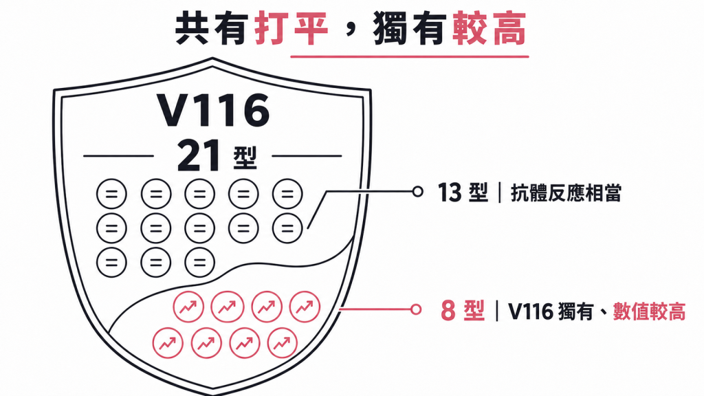 V116 涵蓋的 21 型中，13 型與 PCV15 加 PPSV23 抗體反應相當、8 型獨有且數值較高的示意圖