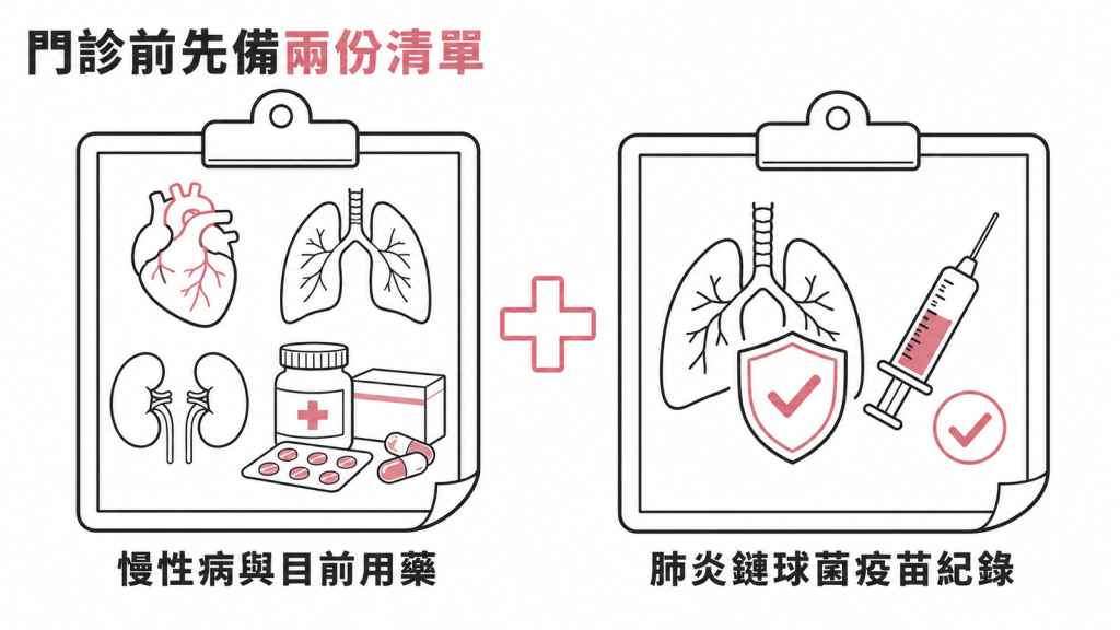 接種前備好兩份清單：慢性病與目前用藥、過去的肺炎鏈球菌疫苗紀錄