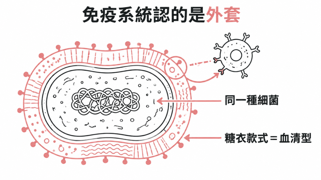 肺炎鏈球菌的糖衣款式就是血清型，免疫系統認的是外套的示意圖