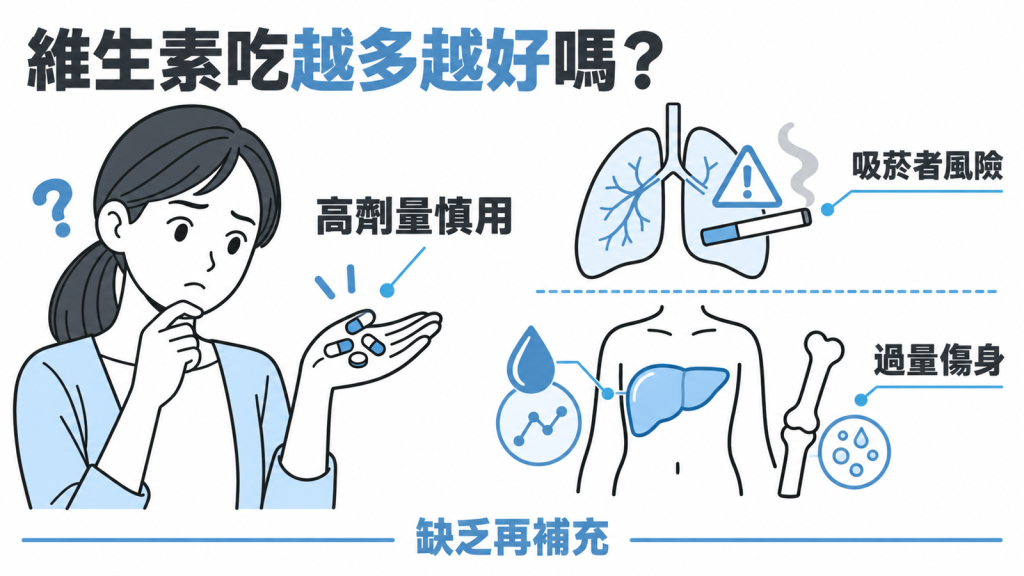 維生素瓶罐與抽血管並列,說明β-胡蘿蔔素、菸鹼酸、維生素D、A吃過量有風險,應先驗有沒有缺再補並定期抽血追蹤
