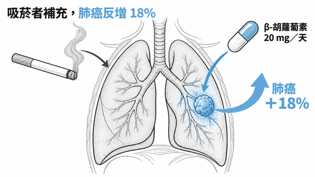 兩組人形圖比較吸菸者:安慰劑組 100 位得肺癌,β-胡蘿蔔素組約 118 位,時間軸標出第 18 個月差距拉開