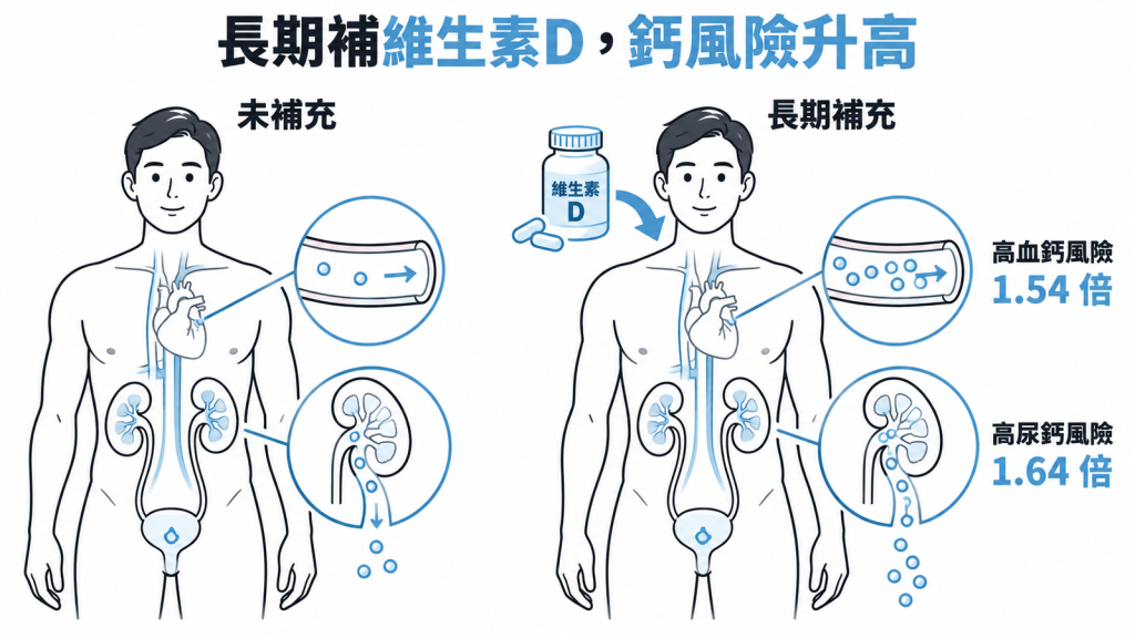 長條圖比較沒補與長期補充維生素D:高血鈣風險1.54倍、高尿鈣1.64倍,另以100人對154人圖示