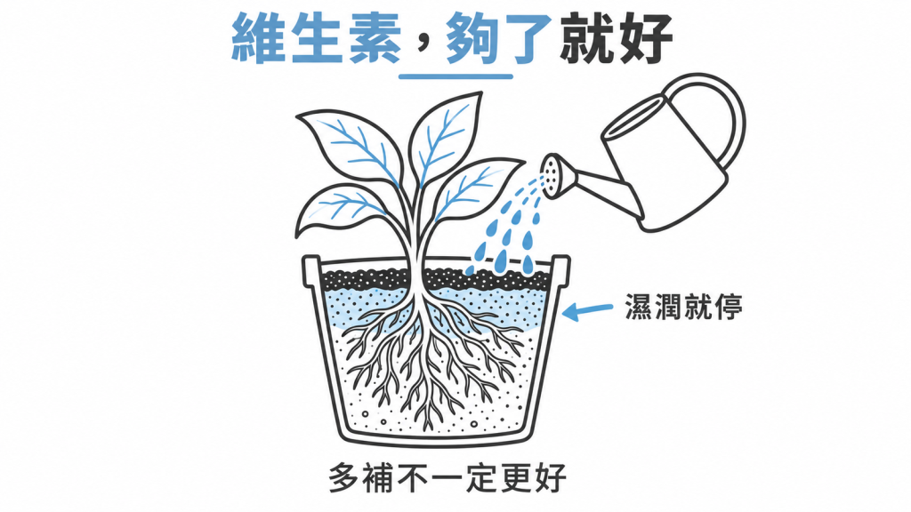 盆栽澆水對照圖:適量澆水植物健康,澆太多根部泡爛,旁邊標示維生素過量多半沒感覺,要靠抽血才發現