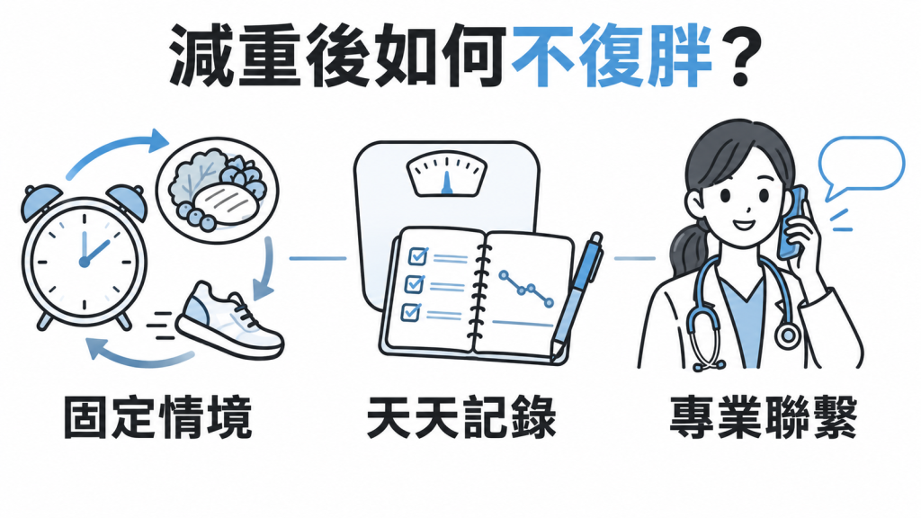 減重後總是復胖的主題封面:意志力會用完,把行為綁在固定情境、變成習慣,再天天記錄體重與飲食,體重才守得住