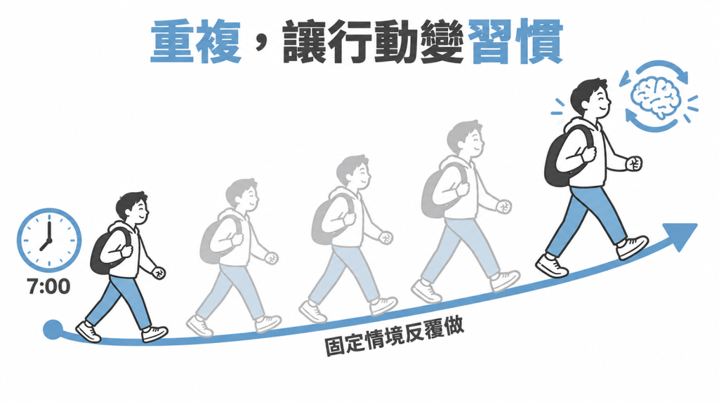 由左到右的三階段流程圖:起步時把行為綁定情境,學習時反覆練習並記錄,穩定後行為自動發生