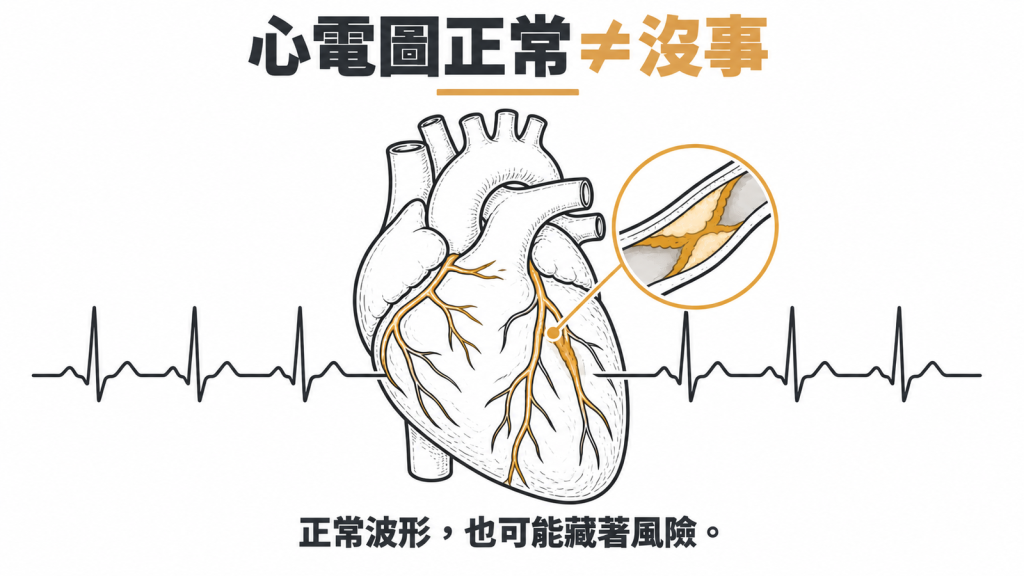 迷思與真相左右對照:左邊是正常的心電圖打勾,右邊加上冠狀動脈鈣化分數與電腦斷層,風險分得更細