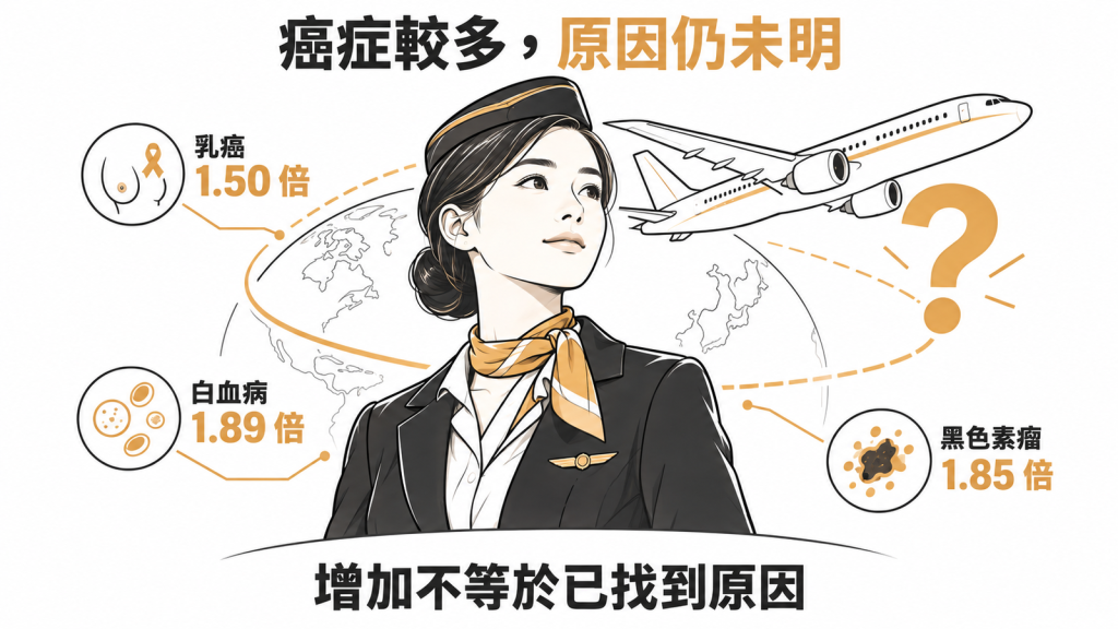 長條圖以一般人 1 倍為基準,比較女性空服員乳癌 1.50 倍、白血病 1.89 倍、黑色素瘤 1.85 倍