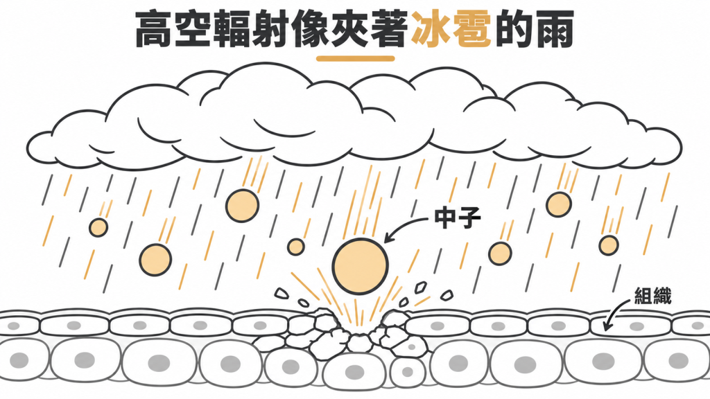 左邊是地面的毛毛雨,代表一般輻射;右邊是高空夾著冰雹的雨,代表含中子的宇宙輻射,對比同樣劑量下傷害不同