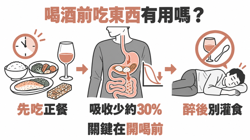 喝酒前吃什麼最能防醉?飯後喝減少約30%酒精吸收、醉後切勿灌食的解酒食物資訊圖