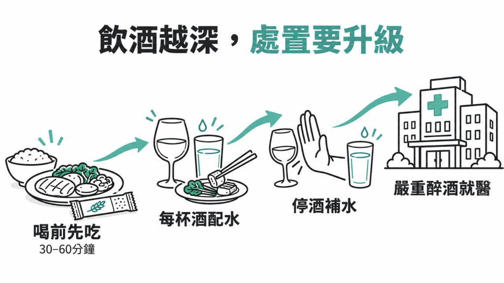 四格流程圖由左到右呈現開喝前、聚餐中、微醺宿醉與嚴重醉酒四個階段,每格附上對應的飲食或醫療處置