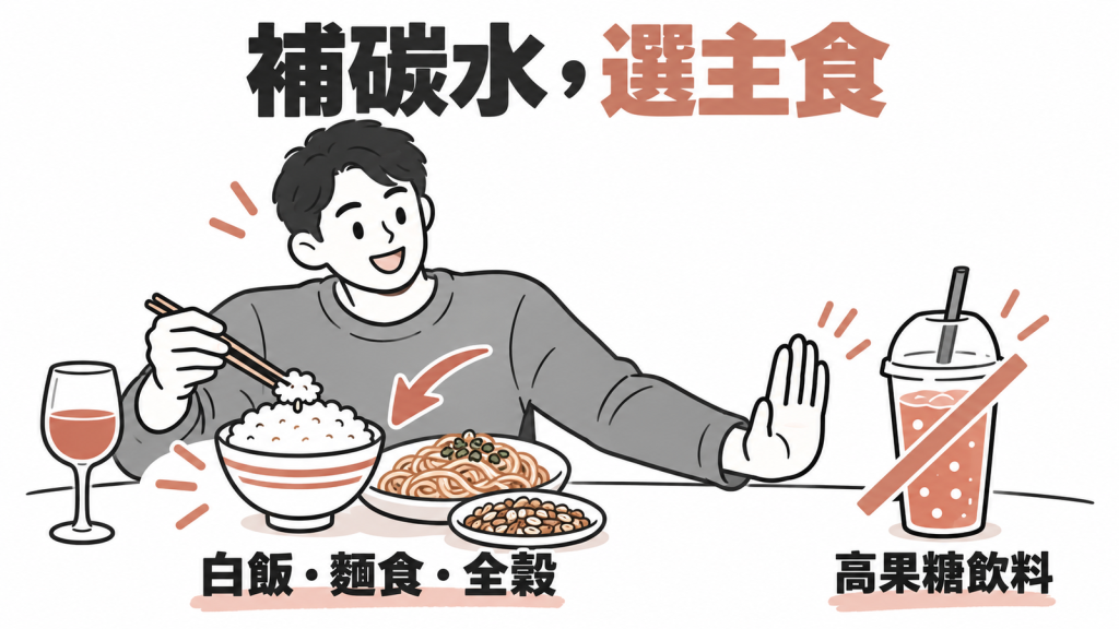 飲酒時補充碳水化合物應選擇白飯、麵食與全穀類主食,避開高果糖飲料以免推升尿酸示意圖