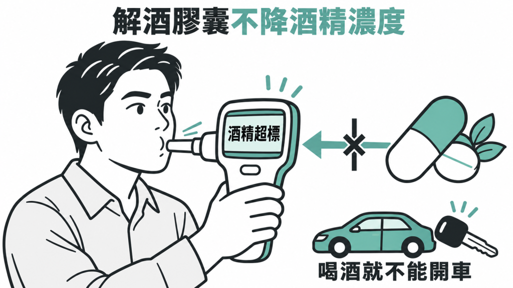左右對照圖,左邊是吞下解酒膠囊後放心喝酒開車的迷思,右邊標示酒測值照樣超標、只能減輕宿醉的真相