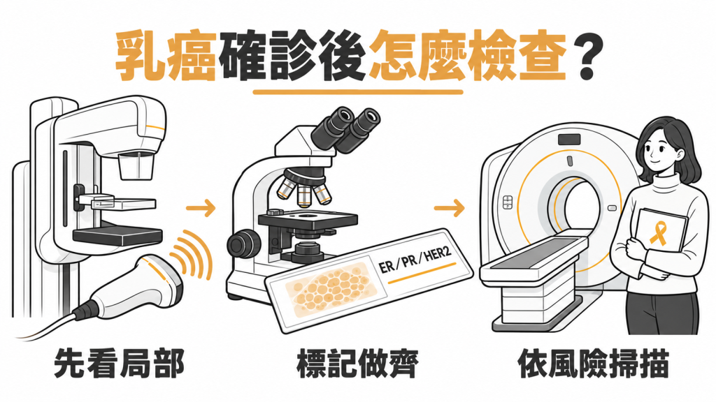 乳癌初步檢查資訊圖:先做乳房攝影與超音波看局部、病理把 ER/PR/HER2 標記做齊,再依風險決定要不要全身掃描