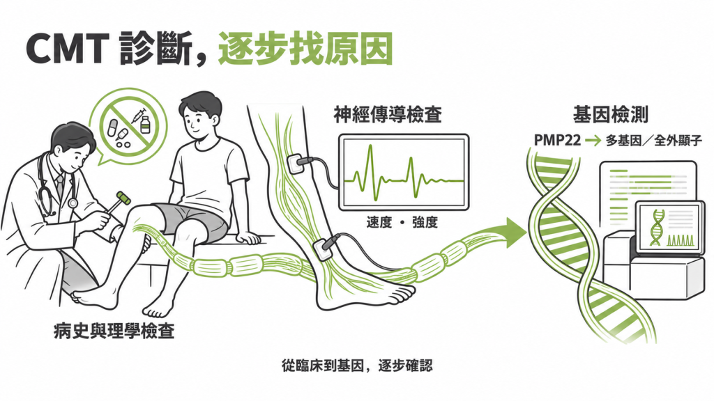 三階段流程圖：病史與身體檢查、貼電極量速度的神經傳導檢查、先查PMP22再擴大範圍的基因檢測