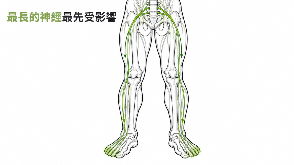 長水管末端出水變小，對照人體從腰椎延伸到腳趾的神經，標示症狀先從腳和小腿開始，之後才影響到手