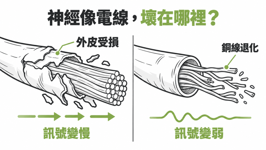 電線剖面對照神經構造，標示髓鞘是絕緣外皮、軸突是銅線，並排列出去髓鞘型、軸突型與中間型三種受損位置