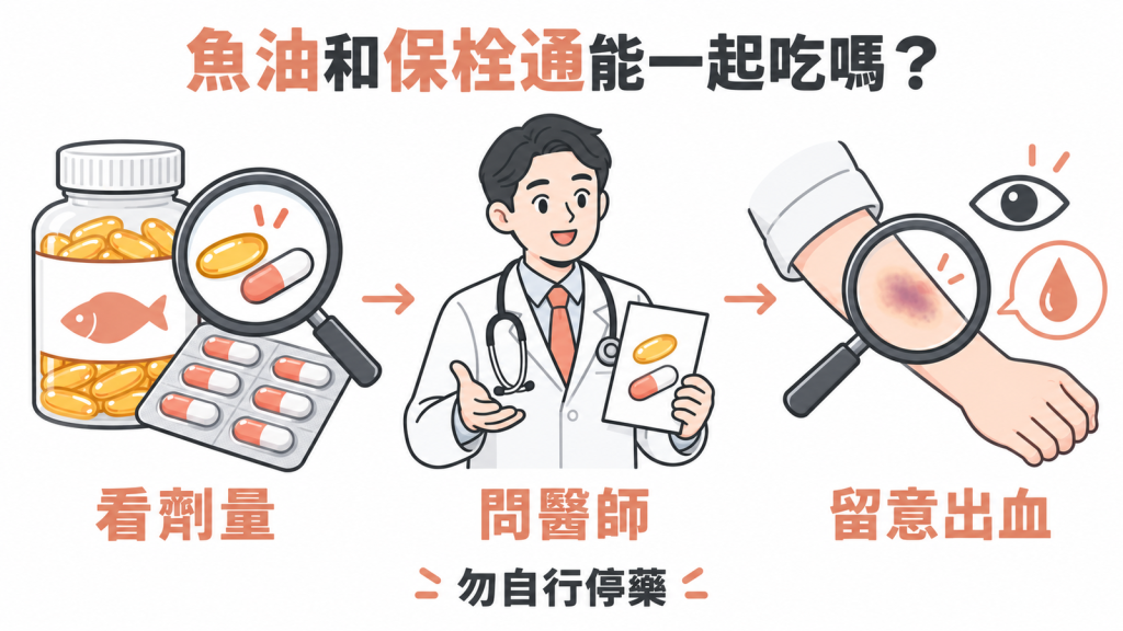吃保栓通可以吃魚油嗎?看劑量、問醫師、留意出血的資訊圖