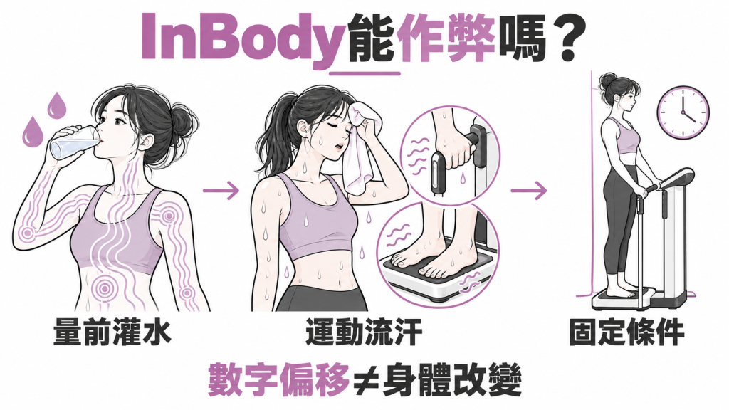InBody 體組成分析衛教封面:量前灌水反而讓體脂率偏高,剛運動、皮膚潮濕也會讓數字偏移,每次條件固定才比得準