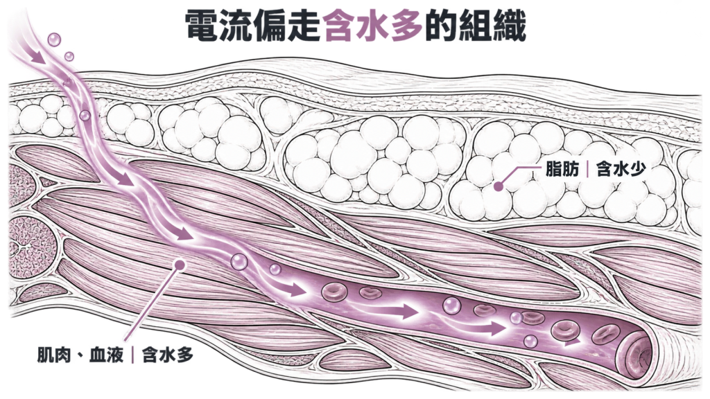 水管比喻圖:電流順著含水多的肌肉和血液通過,遇到含水少的脂肪受阻,旁邊標出水約占非脂肪重量 73%