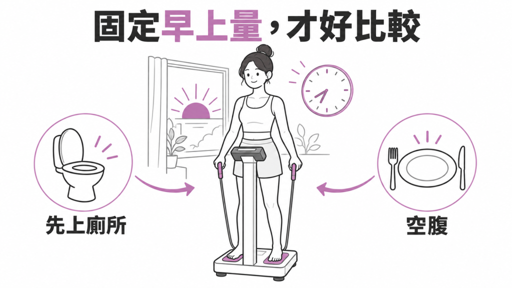 流程圖:起床如廁、空腹,確認沒剛運動或洗熱水澡、取下手錶戒指,到現場先坐下休息再站上機器