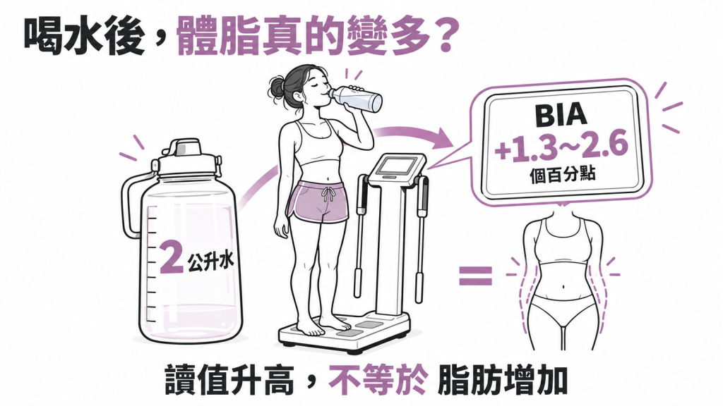 長條比較圖:喝下 2 公升水後,BIA 體脂率男性升 2.1、女性升 2.6 個百分點,DXA 量到的脂肪幾乎不變