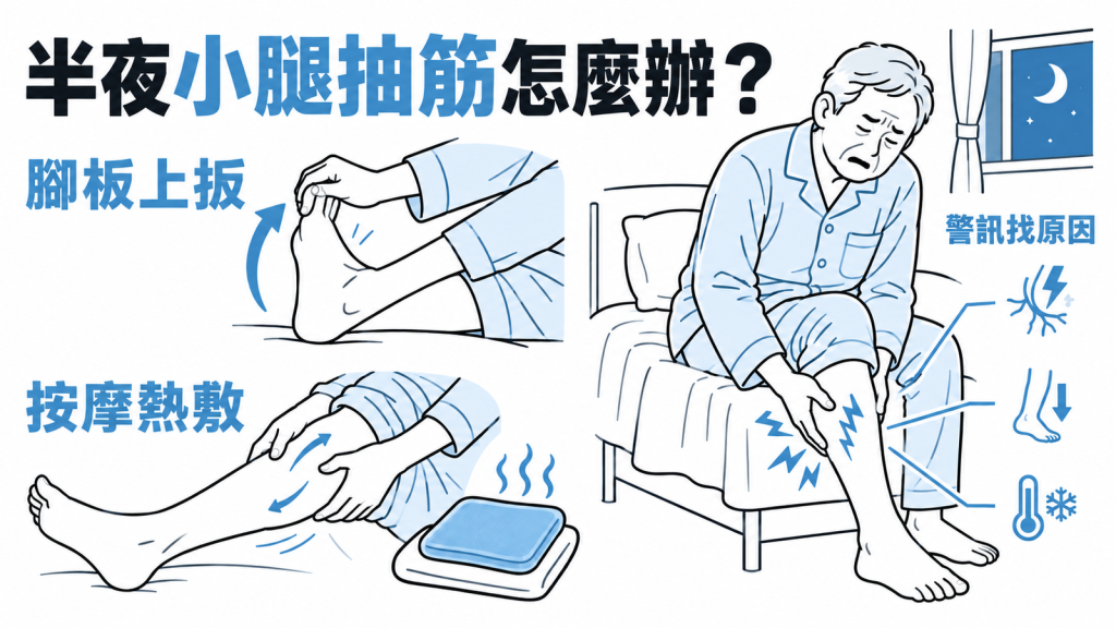 半夜小腿抽筋衛教封面：多數是年紀相關的休息性抽筋，抽得頻繁或伴隨麻木、腳冰冷變色時才需就醫找原因