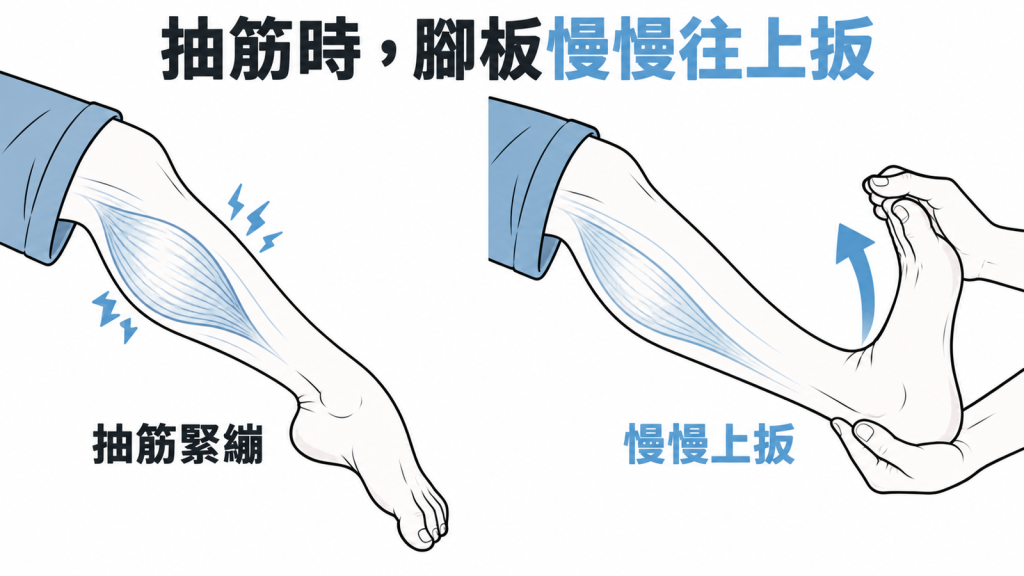 分步驟圖示：家人一手扶住腳跟、一手把腳板慢慢往上推，接著按摩小腿並熱敷放鬆