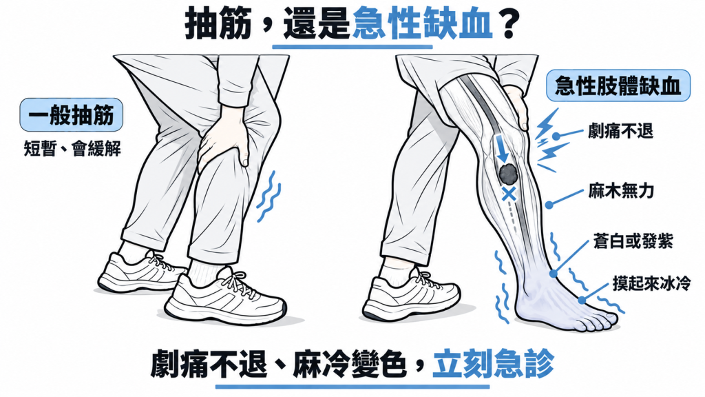 小腿警訊清單：劇痛不緩解、麻木無力、皮膚變白或變紫、摸起來冰冷，提醒立即緊急就醫