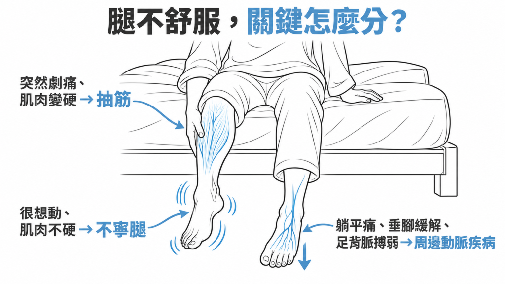三欄對照表比較夜間抽筋、不寧腿症候群與周邊動脈疾病的感覺、肌肉狀態與緩解方式