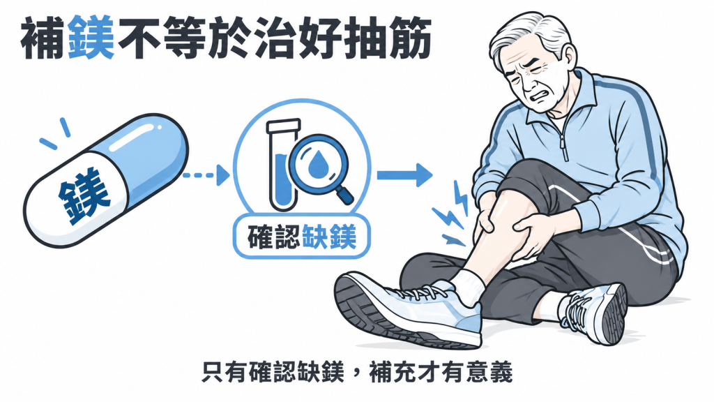 左右對照圖：左側迷思是吃鎂治好抽筋，右側真相是年長者試驗無明顯效果，缺鎂者才需補充