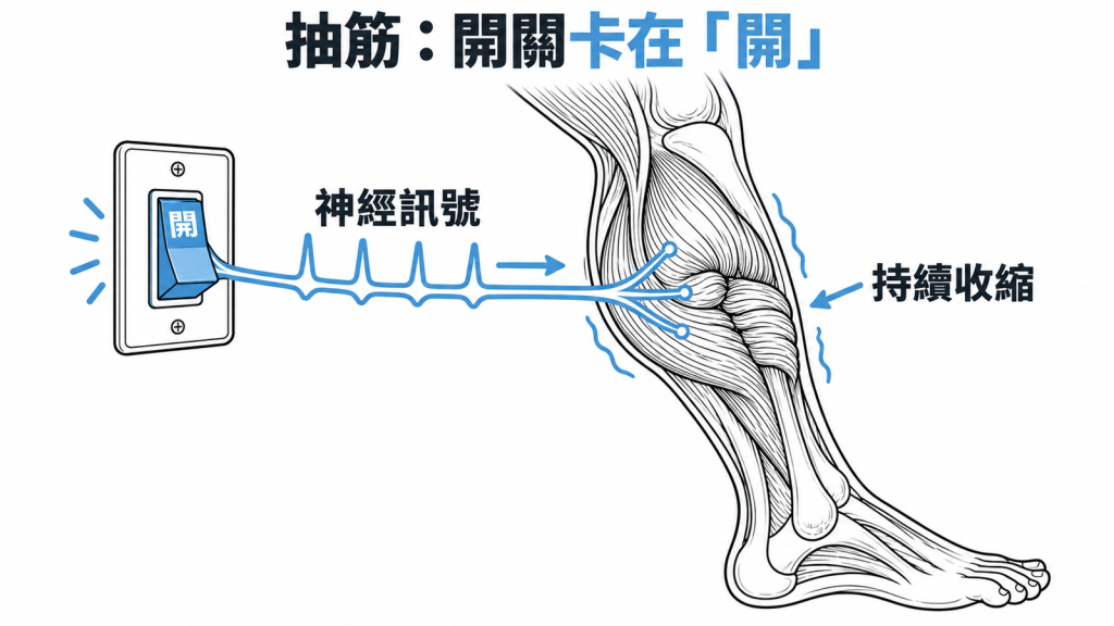 電燈開關卡在開的位置，神經持續送電訊號給小腿肌肉，使肌肉縮緊變硬的比喻示意圖