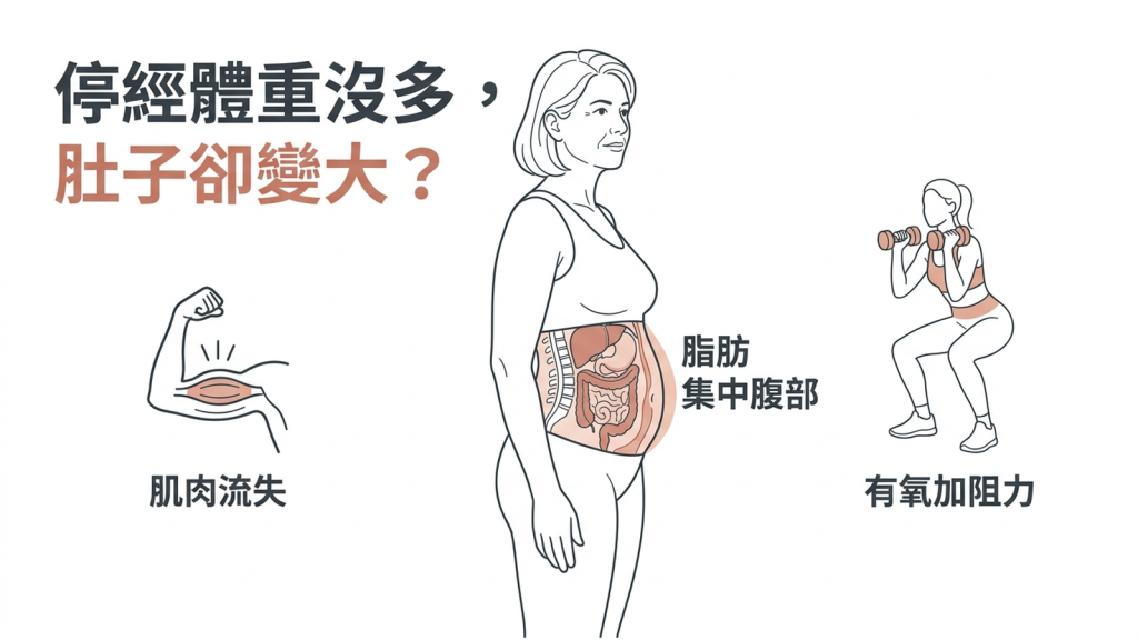 更年期內臟脂肪資訊圖：停經後體重沒多但肚子變大，脂肪集中腹部、肌肉流失，有氧加阻力訓練