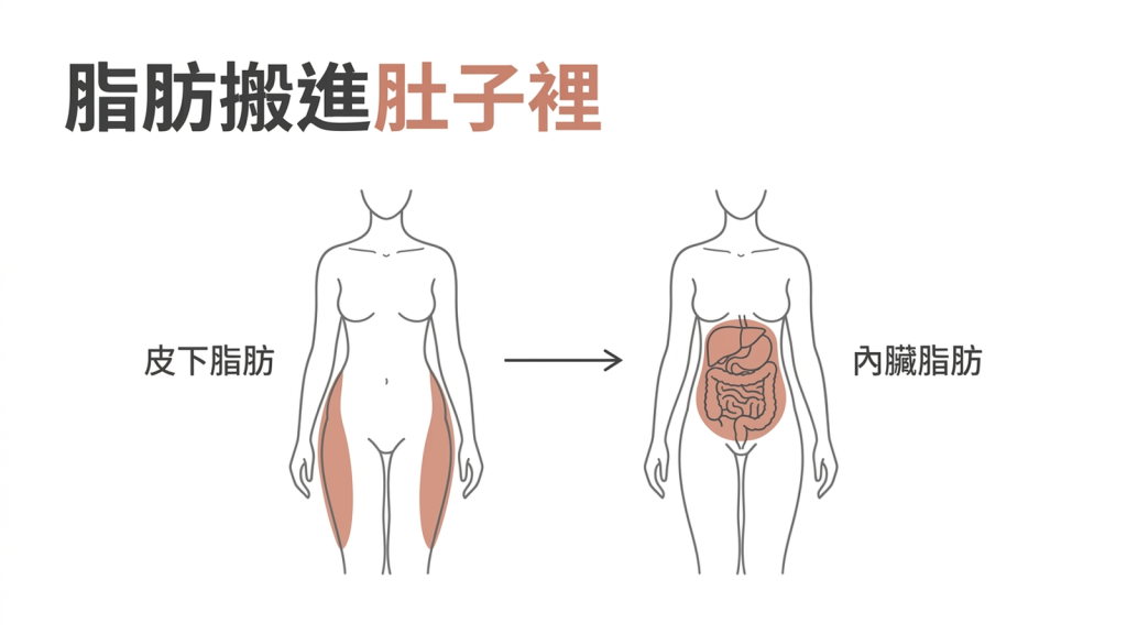 停經前後脂肪分布改變示意圖：脂肪從臀部大腿的皮下脂肪，轉移成包在腹部器官旁的內臟脂肪