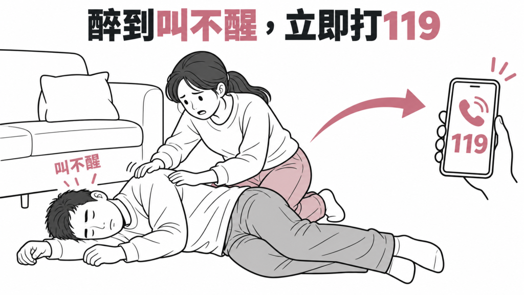家人喝醉叫不醒、呼吸變慢或昏沉時嘔吐,要立刻打 119 或送急診